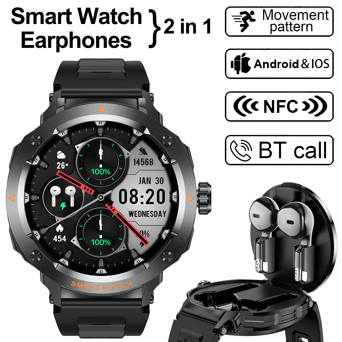 NFC Smart Watch Wireless Earph - Earbuds Charging Case review and price